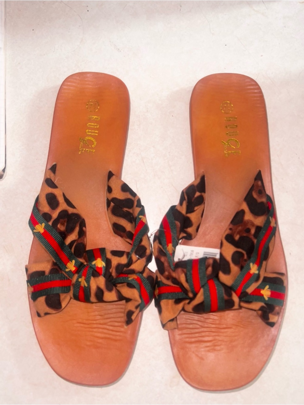 Rouge! Leopard Print Bow Slide Sandals - Tan